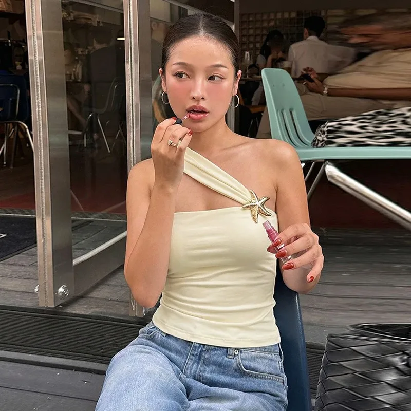Y2k Off Shoulder Blouse Spaghetti Strap Solid Asymmetrical Neckline Crop Top Metallic Accent Starfish Brooch Bustier Slim Fit