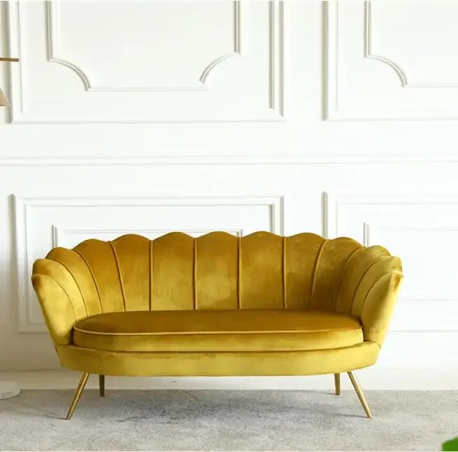 

Luxury Flower Shell Shaped Sofa Chair Gold Brass Metal Upholstery Velvet Fabric 2 Seater Living Room Furniture Modern Chair