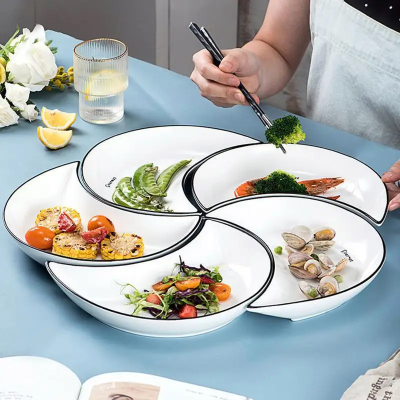 5Pcs/Set Ceramic Dinner Plates Moon Shaped Serving Plate Dessert Salad Plate Ceramic Plate Layout Combination Dinnerware Sets