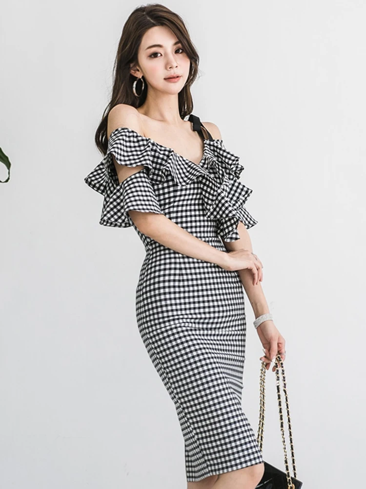 Mode Elegante Süße Frauen Abendkleid Chic Slip Strap Rüschen Sexy Diagonal Kragen Schlank Midi Robe Party Club Mujer Vestidos