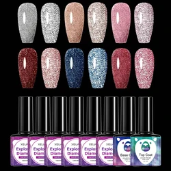 8pcs Sparkling Reflective Glitter Gel Nail Polish And Base & Top Coat Kit- Holographic Diamond Soak Off UV LED Gel Polish for Ho