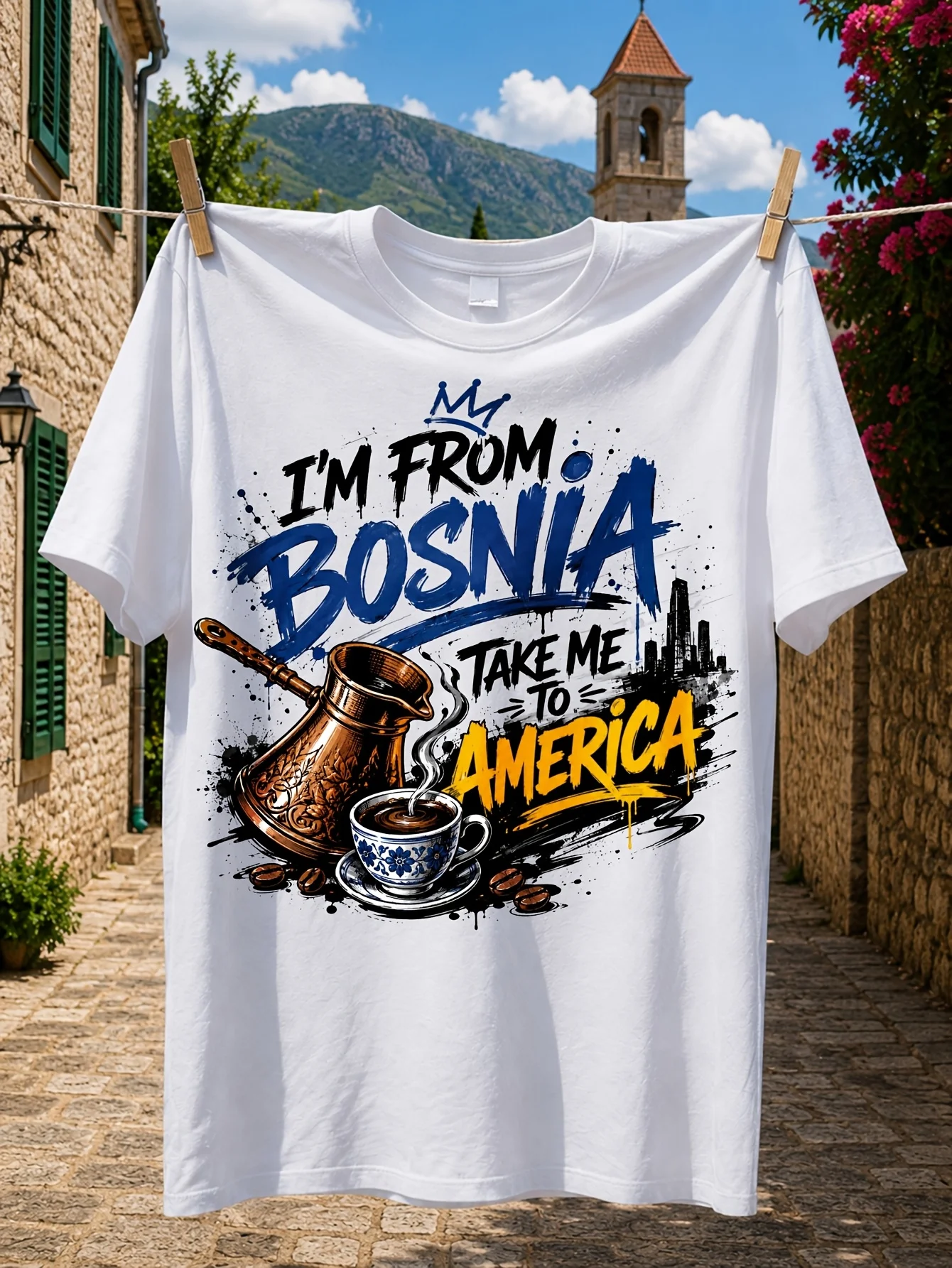 M from Bosnia Take Me to America  Graffiti Lettering with Cezve Coffee Skyline Silhouette And  Unisex All T-Shirt