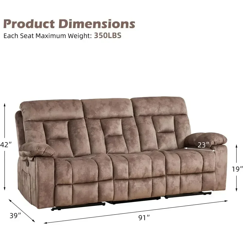 3-Seat Manual Recliner Sofa with Padded Armrests, Cup Holders, Camel Brown for Living Room