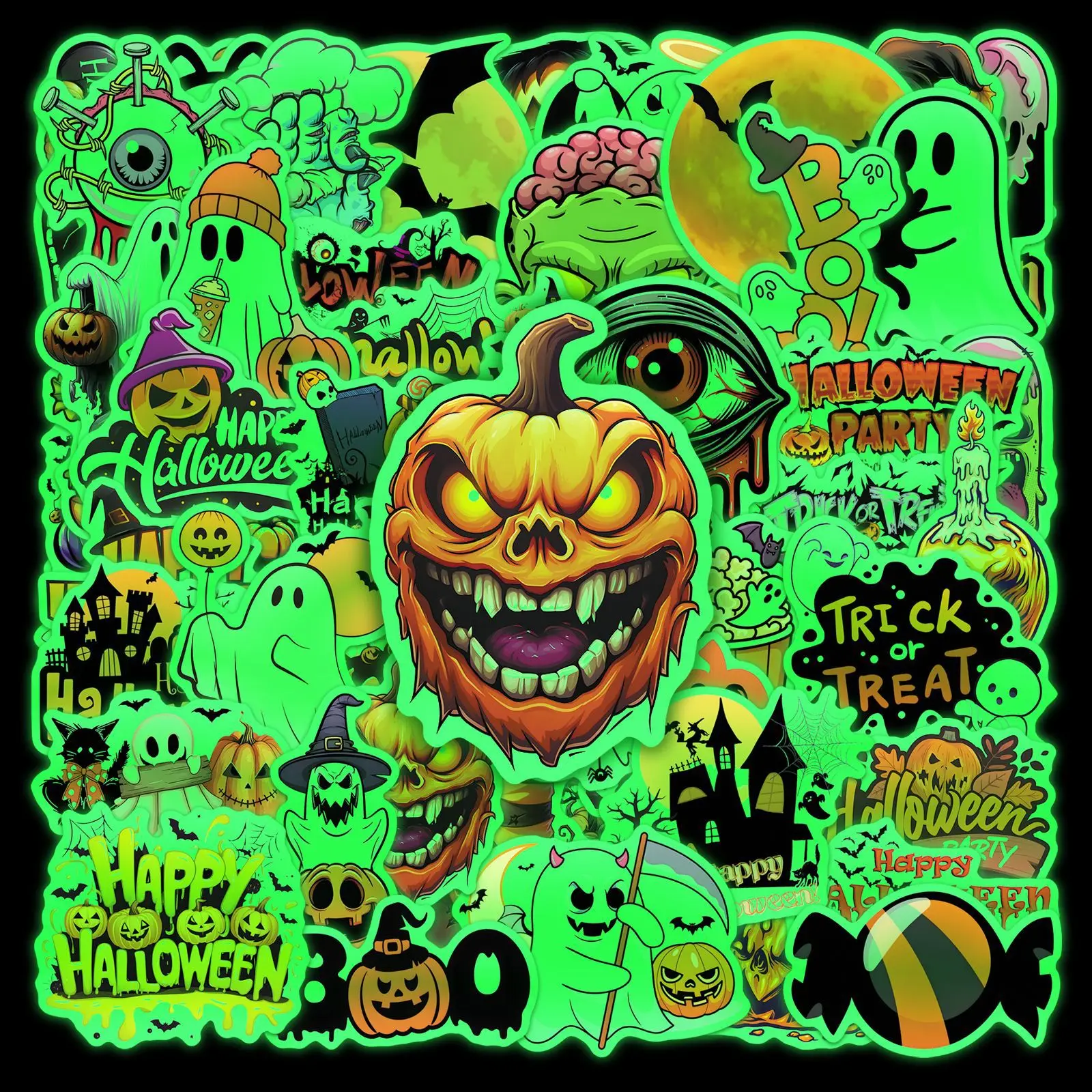 50 PCS Cartoon Halloween Horror Pumpkin Head Glow Stickers For Holiday Atmosphere Decoration Holiday Gift Box Waterproof Decals