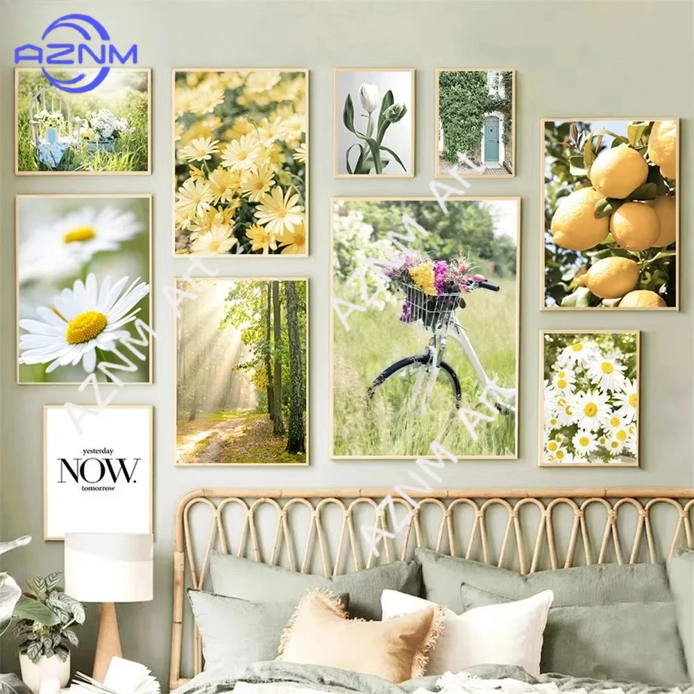 1 Stück, romantische sommerliche grüne kleine frische Gänseblümchen, Zitronen, Auto, Landschaft, Wohnzimmer, Leinwandgemälde, Dekorationen