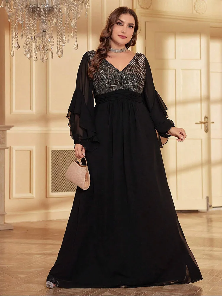 Plus Size 4XL5XLV Neck Gold Black Sequined Chiffon Long Sleeve Spring Plus Size Evening Dress Big Size Floor Dress for Women