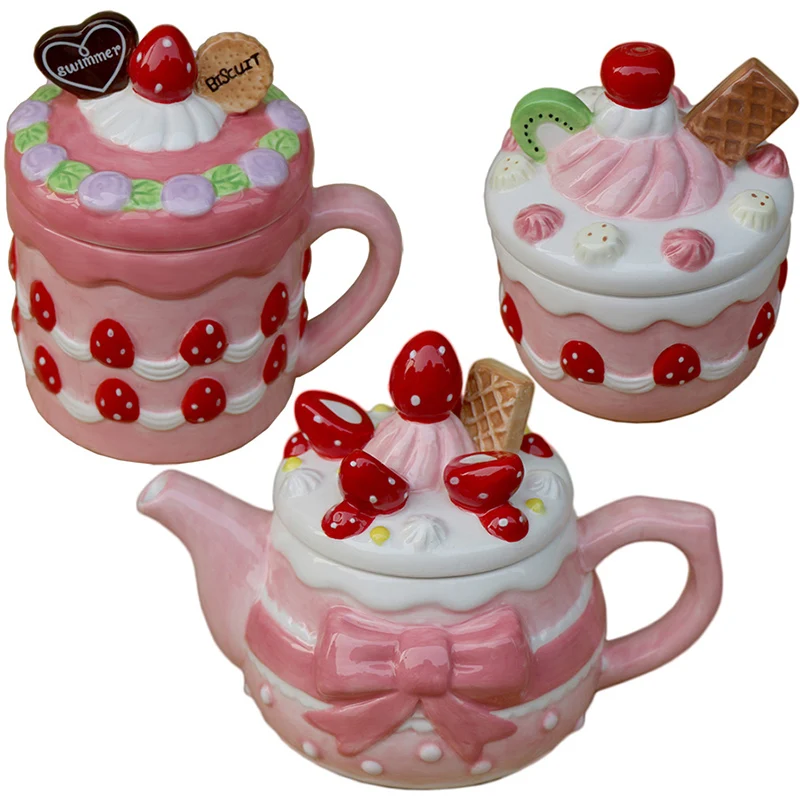 

Creative Strawberry Cookies Ceramic Mug Cute Candy Salt Jar Chinese Wedding Tea Set Christmas Gift Home Decoration Accessories