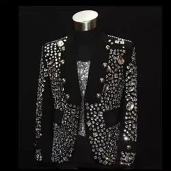 Handmade Men's Rhinestone Sequins Royal Jacket Stage Show Party Host Dress Night Club Singer Dancer Modern Performance Costumes