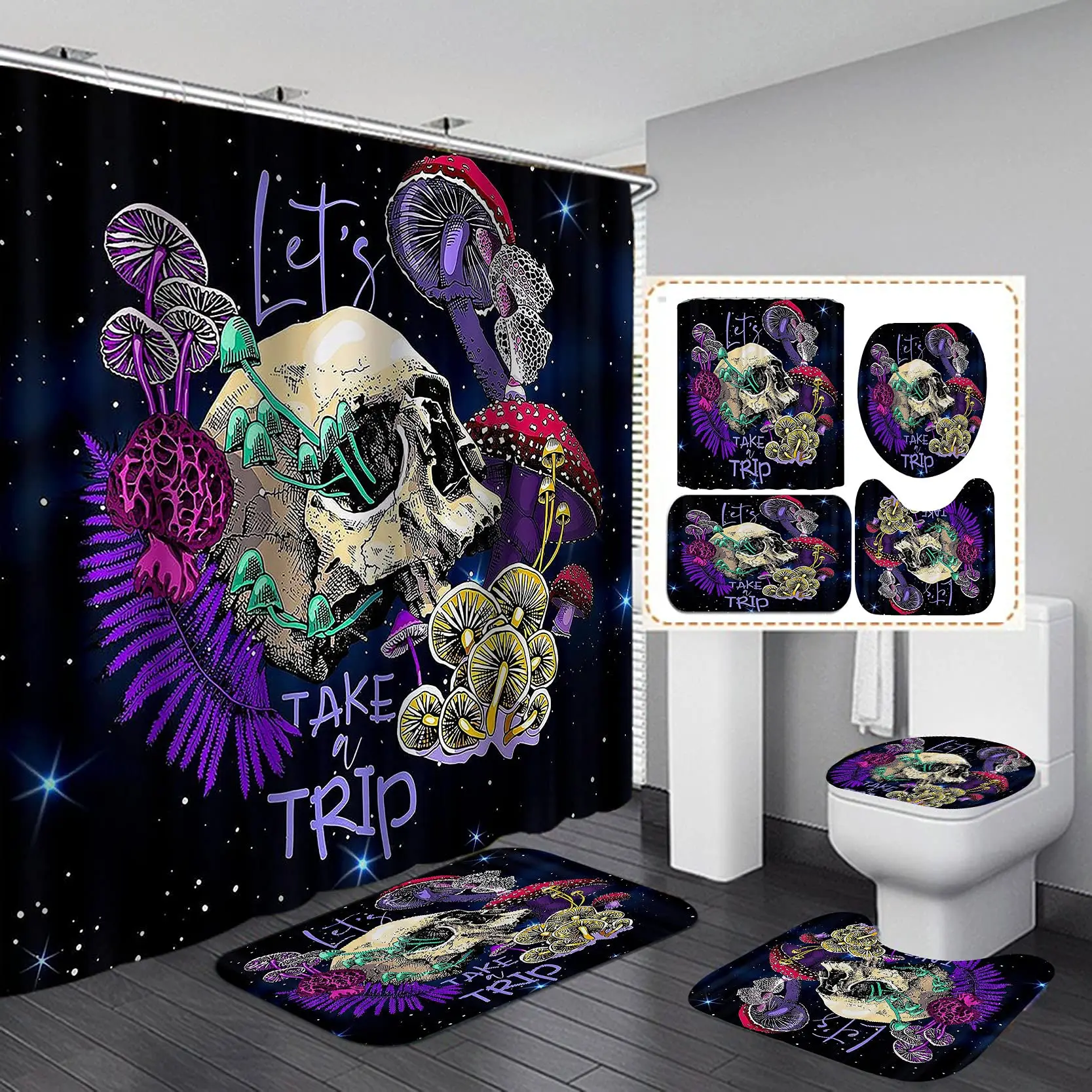 Sugar Skull Shower Curtain Set Day of The Dead Romantic Skeleton Couple Motorcycle Goth Red Rose Bat Gothic Bathroom Curtain Set