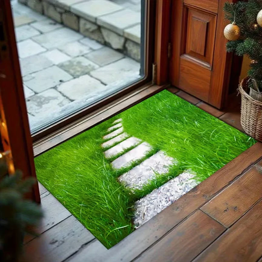 Welcome Mat 2D Green Grass Stone Path  Washable Floor Carpet for Living Room Bedroom Bathroom Kitchen Mat Home Decoration