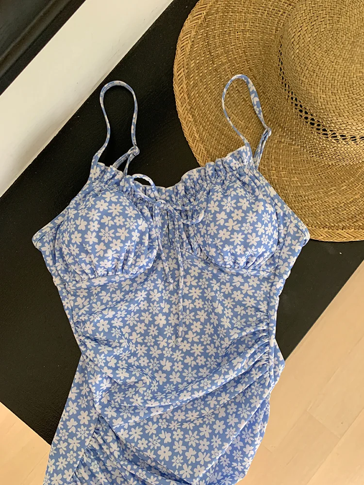 2024 Women One Piece Swimsuit Korea Style Floral Beach Wear Cute Bathing Suit Female Backless Monokini Padded Swimming Pool