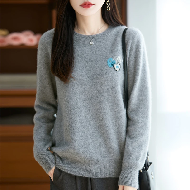 2025 Otoño/Invierno nuevo 100% suéter de lana pura con cuello redondo jersey de Jacquard bordado de punto para mujer Top suelto superventas para mujer