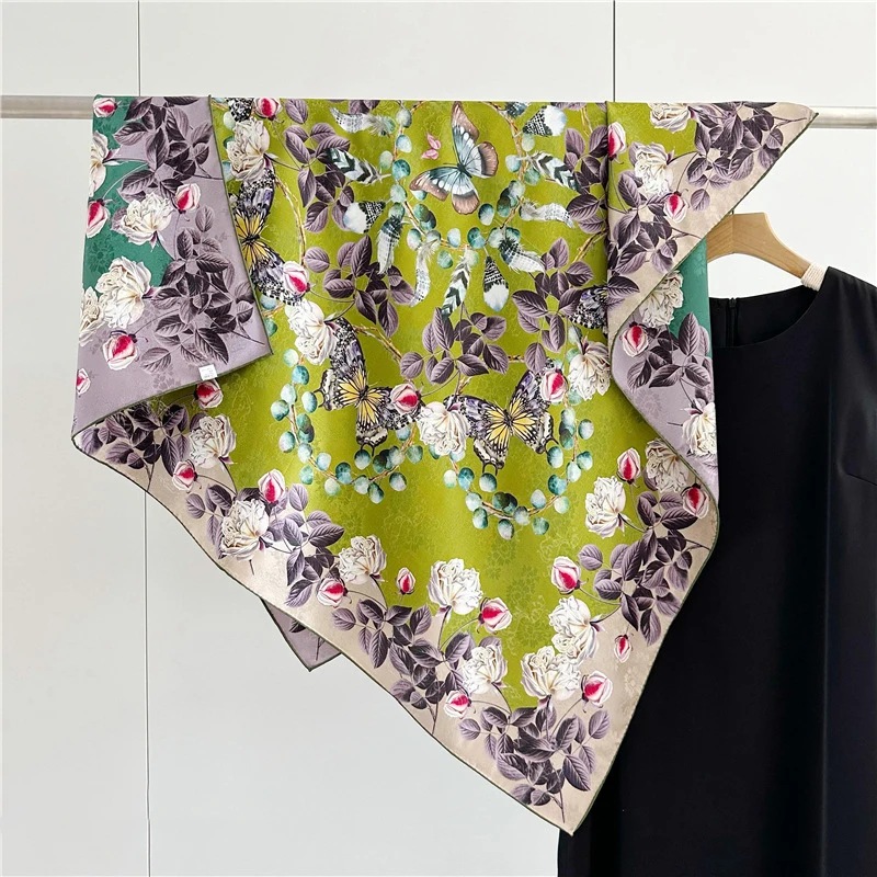 Double Sided Mulberry Silk Scarf Women Handrolled Edges Shawls Bandanas Tops Accessories Belt Hair Neck Scarves Foulard 110cm