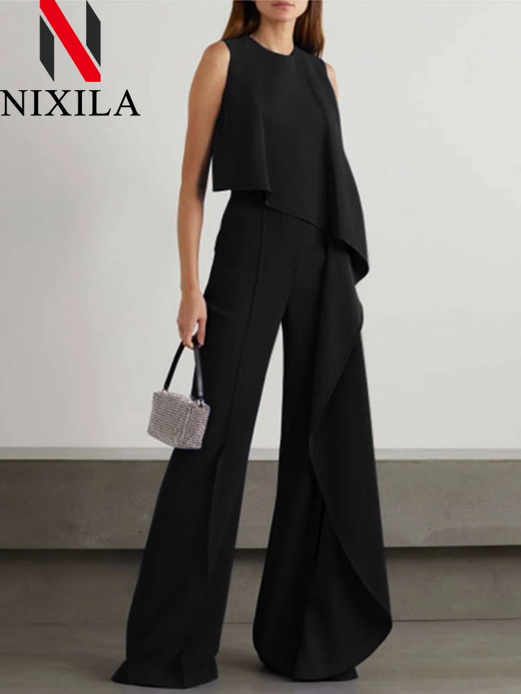 Nuove donne di estate tute eleganti senza maniche canotte pantaloni a gamba larga irregolare casual solido pagliaccetto tuta da sera per le donne