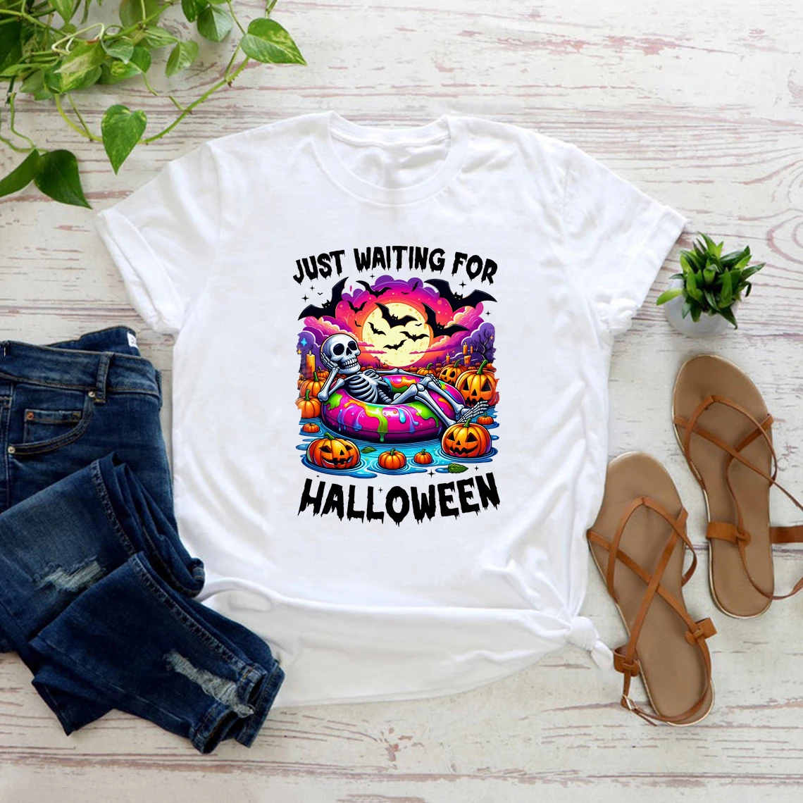 

Just Waiting for Halloween T Shirt Skeleton Tshirt Funny Spooky Halloween Skeleton T Shirts Short Sleeve T-shirts Vintage Tees