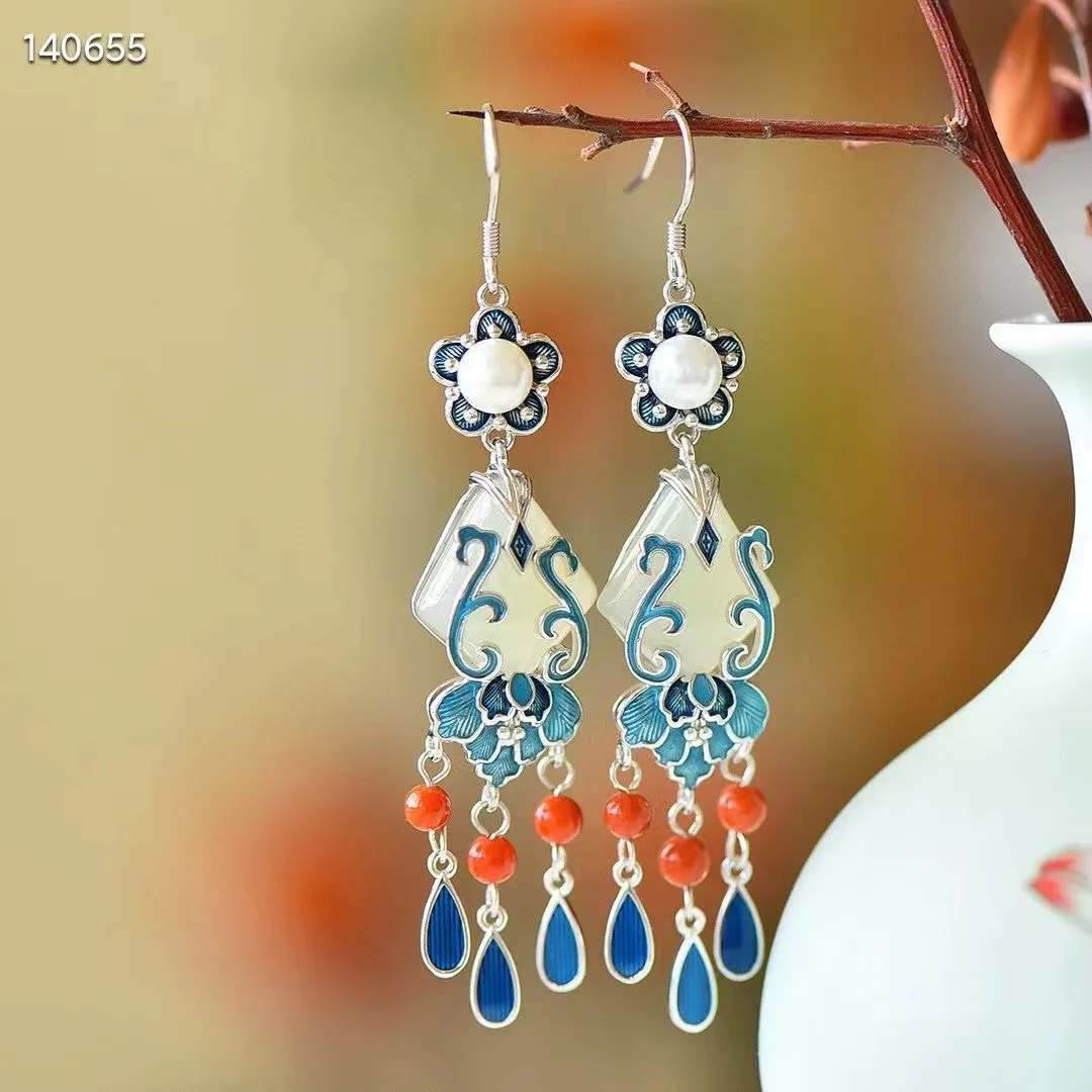 Natural 100% real 925 sterling silver earrings mosaic white hetian jade Magnolia flower fashion Earrings temperament women gift