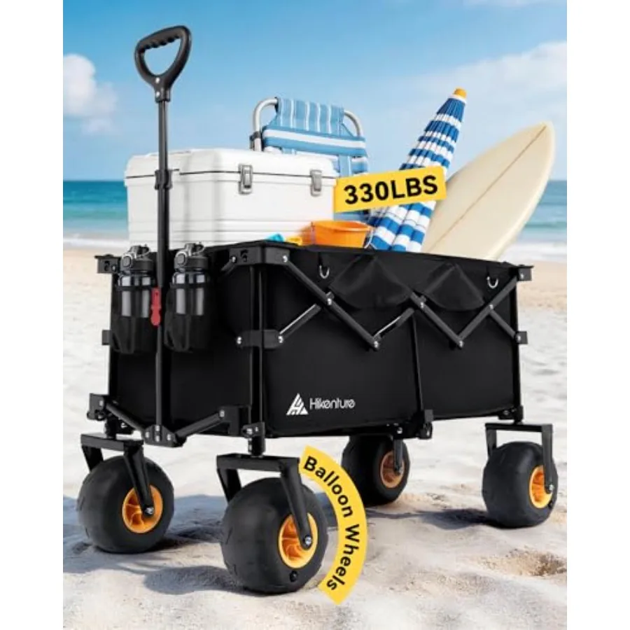 Beach Wagon for sand use, steel frame, black, 7.5 balloon wheels, collapsible, 330lbs capacity, large foldable utility cart for