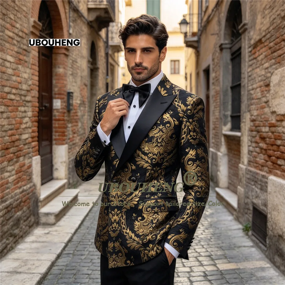 Classic Men's Suit 2 Piece Sets Jacquard Floral Jacket Pants Plus Size Double Breasted Groom Tuxedo African Bridegroom Tuxedo