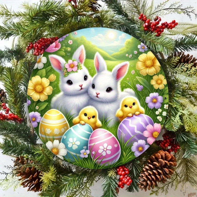 [2D-Flugzeug] Osterhase und Küken Holzschild – Lebendige Wandkunst mit bunten Eiern, Blumen und Tannenzapfen