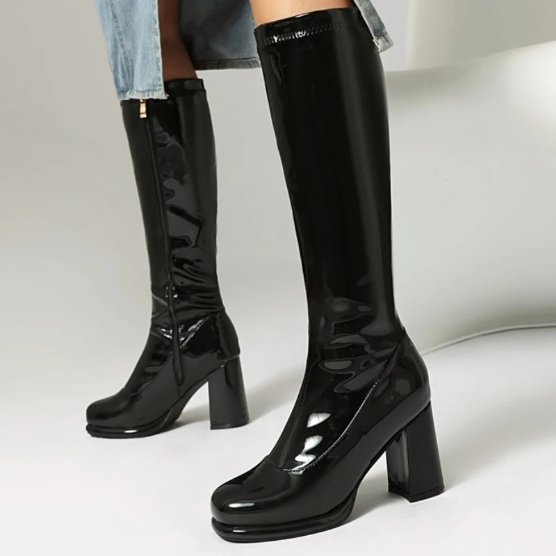 Brand Women's Knee High Boots Leather Sexy Zipper 2024 Winter Shoes Black Gold Red Heeled Long Chelsea Boot Ladies Large Size