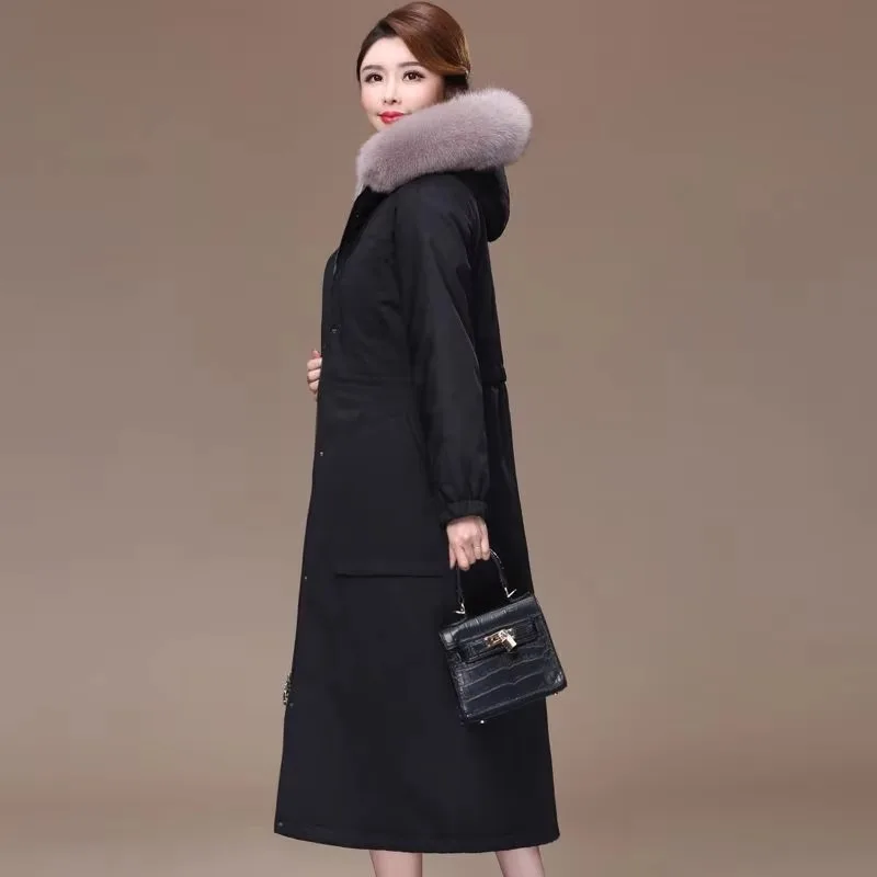 2024 Winter New Women Imitate Rex Rabbit Fur Removable Liner Parka Large Size Long Hooded Faux Fur Coat Thicken Warm Outwear