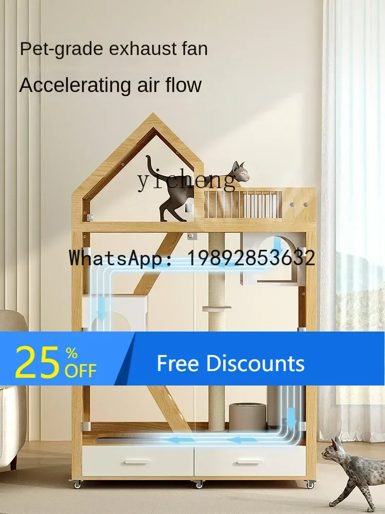 

LYY Solid Wood Cat Cage Panoramic Glass Cat Cabinet Home Indoor Cat Room with Drawer