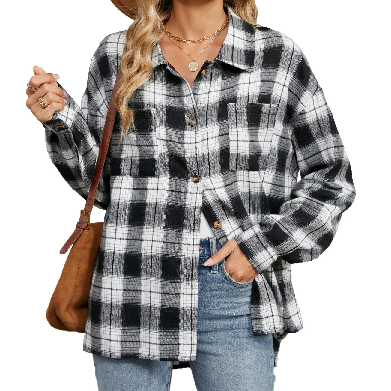 Herbst und Winter lässig Revers Langarm Tasche Knopf Plaid Shirt Top Frauen