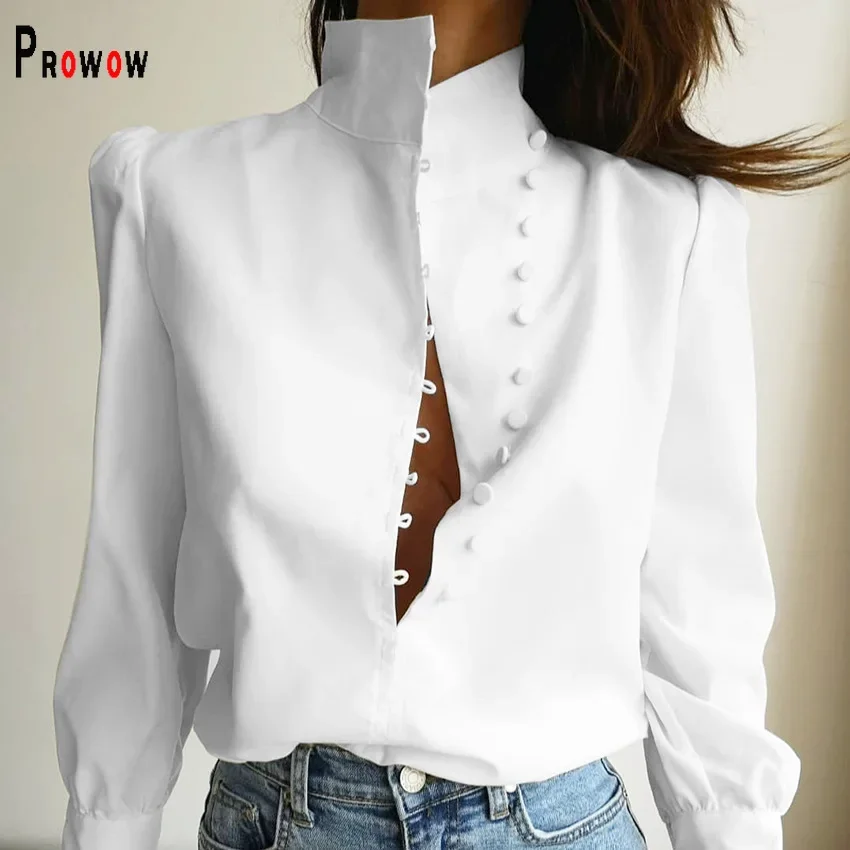 Prowow Fashion Solid Color Office Lady Blouses Long Sleeve Aesthetic Design Neck Spring Fall Women's Tops Clothes Slim Fit