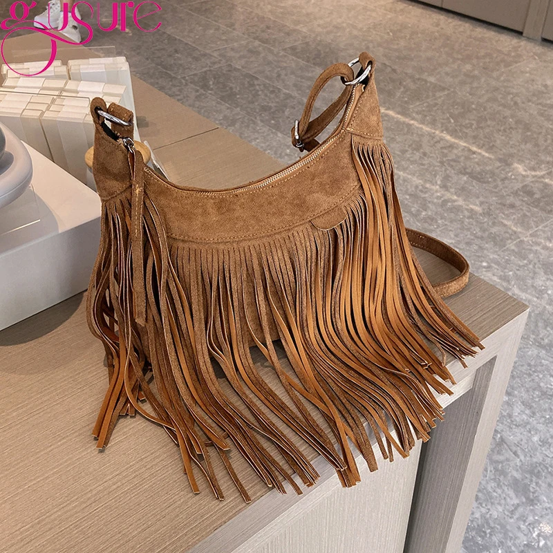 Gusure-bandolera Vintage con borlas para mujer, de ante Bolso pequeño a la moda, diseño de lujo, para axila, Hobos