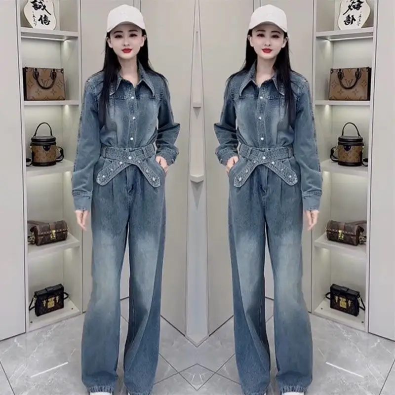 Spring autumn 2025 new lace up Polo collar denim top+wide leg pants fashion design sense denim two piece sets for women