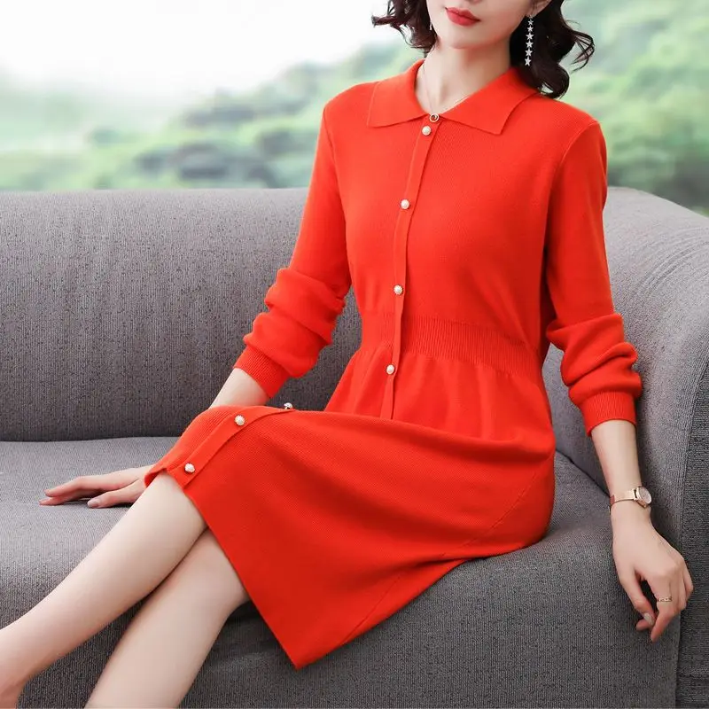 Autumn Women's Fashion New Korean Solid Color POLO Neck Long Sleeved Knitted Dress Spring Multi Color Loose Comfortable Dress