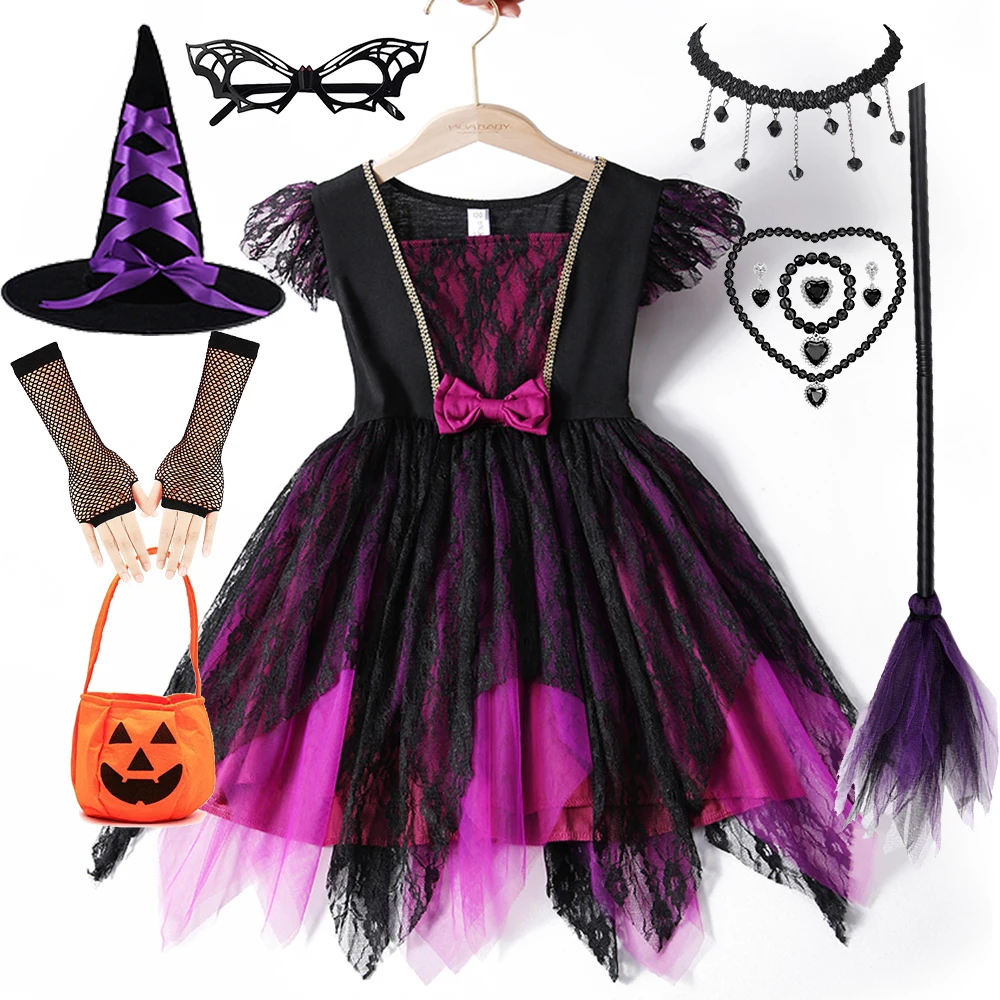 

Halloween Costume Witch Girls Dress Purple Mesh Patchwork Dress Carnival Easter Clothes Party Evening Dresses Witchs Hat Broom