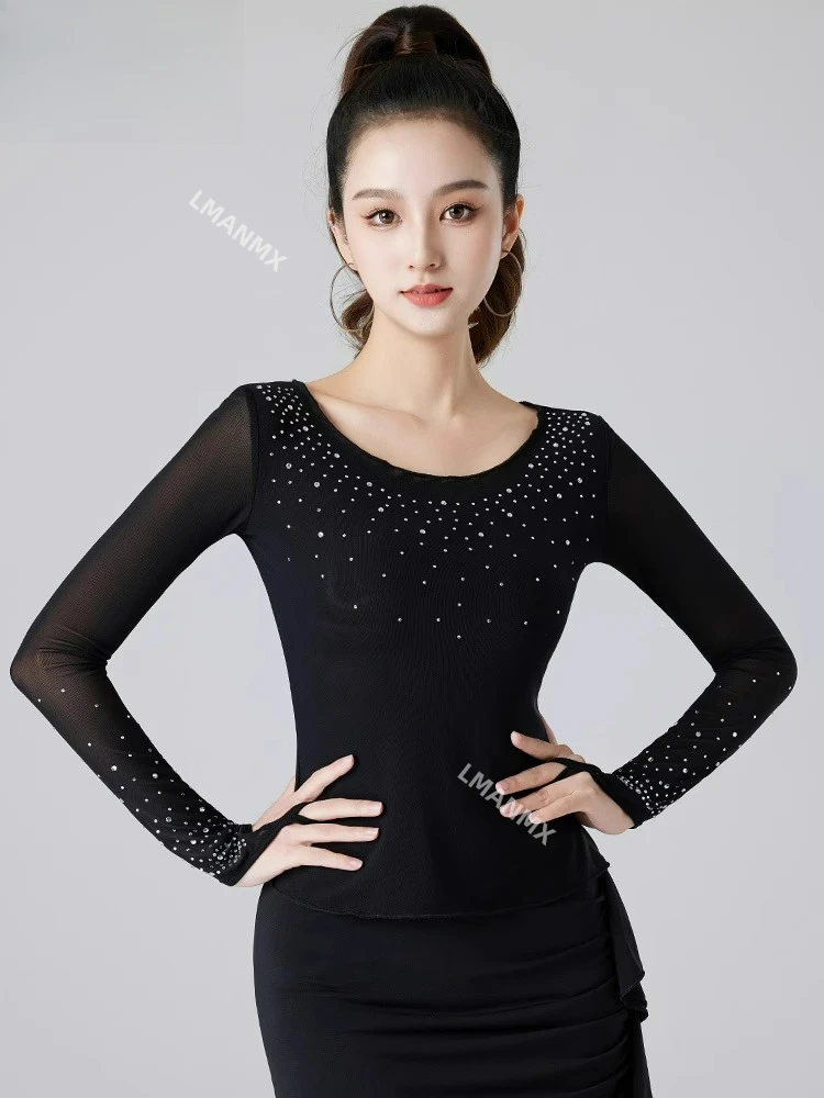 

Новый высококачественный танцевальный топ из сетки и ромбовидных танцев для взрослых в латинских танцах, тренировочная одежда с длинными рукавами