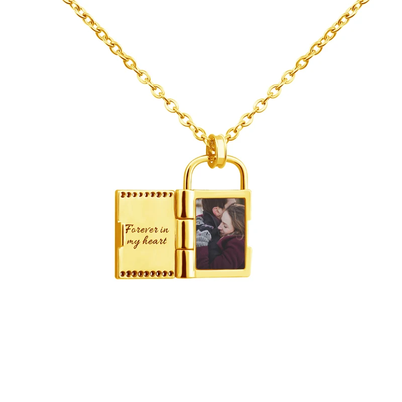 

Personalized Photo Engraved Locket Necklace Custom Picture Text Book Shaped Pendant Memorial Jewelry Gift for Couples/Families