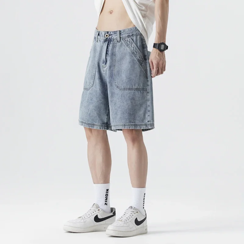 

Pop Fashion Spliced ​​denim Shorts Men's Summer New Straight Streetwear Personalized Jeans Pocket Bermuda Short Pants