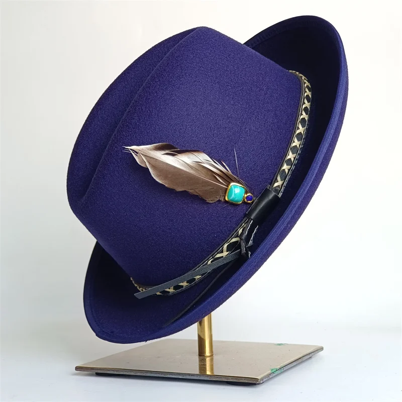 Fedora hat Gem adorned hamburger hat with feathers women's Panama new felt hat men's jazz hat party stage performance