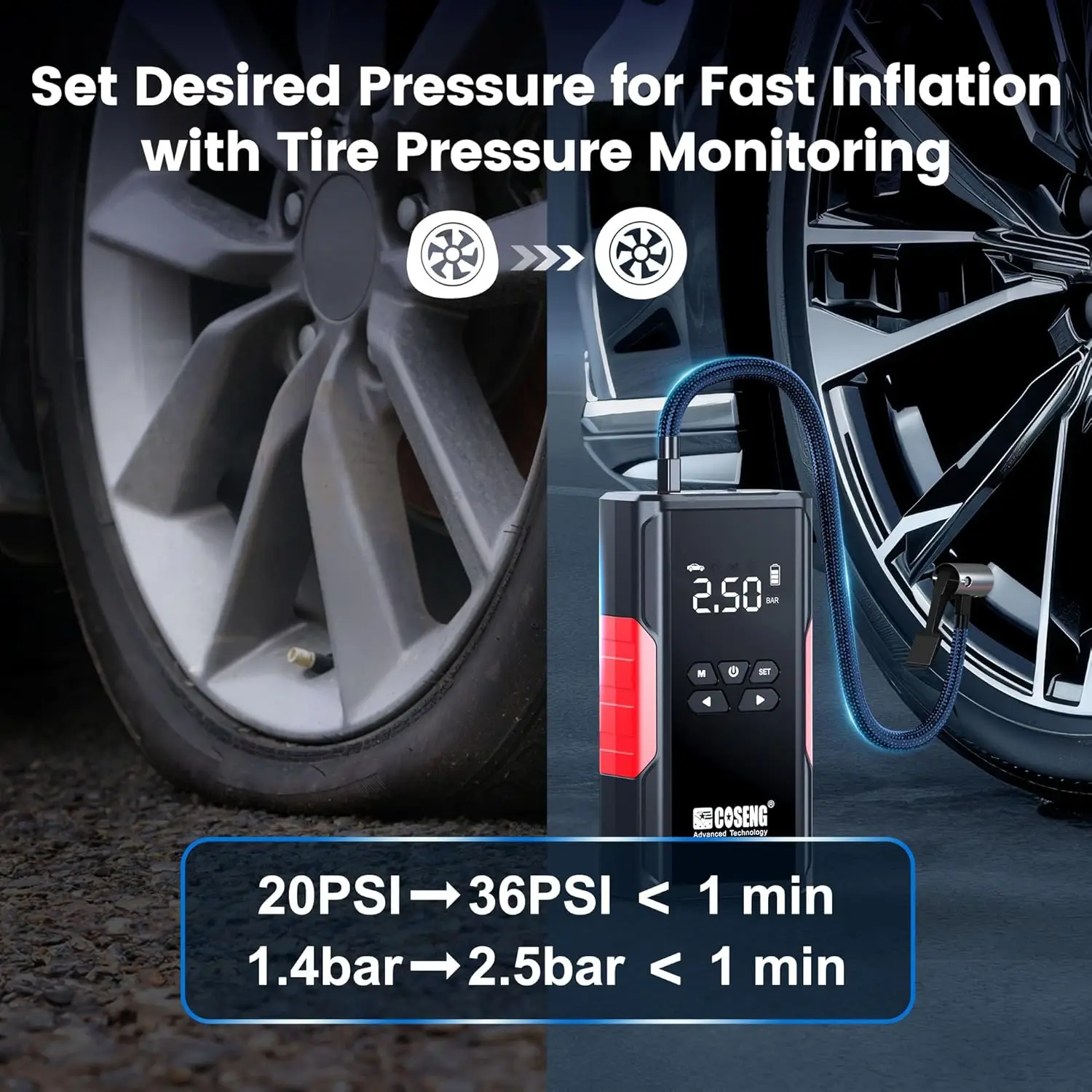 J26 Portable Car Jump Starter with Air Compressor, 3500A 12V Battery Booster, 150PSI Inflator, Smart Cables, 3-Mode Flashlight