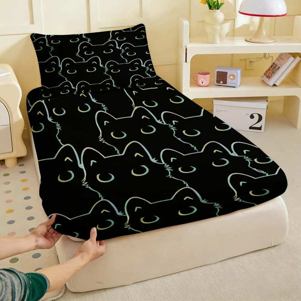 1pc Holographic Cat Silhouette Print Fitted Sheet Deep Pocket Elastic Mattress Cover Single Double Queen King Bedroom Decor