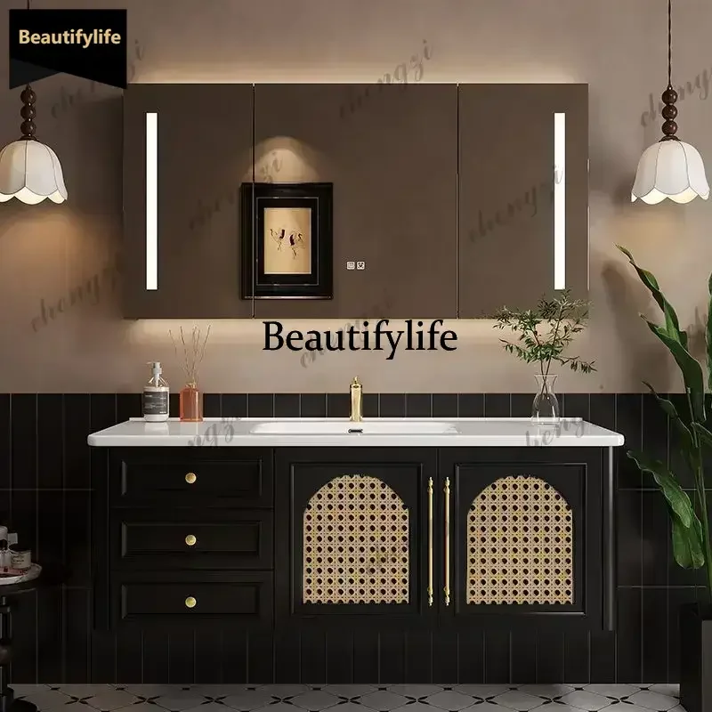 French Retro Oak Bathroom Vanity, American Style Ceramic Sink Combo, Wood Washbasin Cabinet for Toilet b567