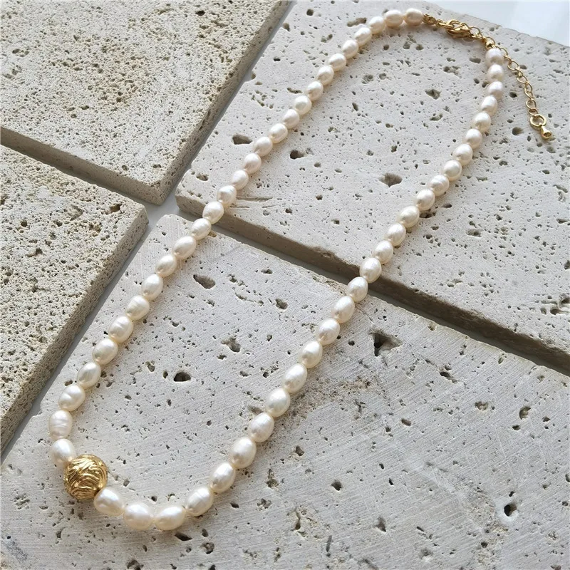 

Brass Natural Freshwater Pearl Beads Necklace Women Jewelry Punk Designer Runway Rare Gown Boho Japan Korean