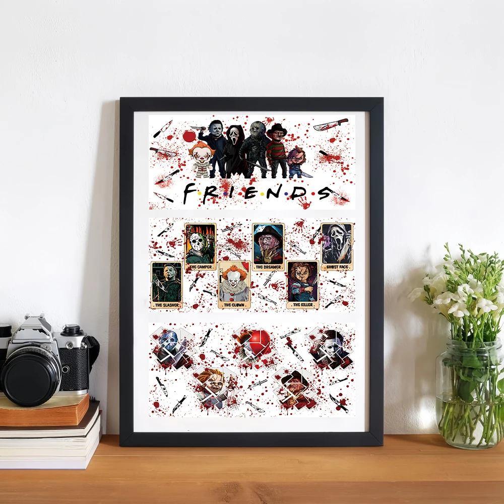 ملصقات نقل كأس DTF للأشعة فوق البنفسجية للهالوين الزجاجي لشخصيات الفيلم المخيف الكبيرة فرك على ملصقات الأكواب للحرف اليدوية