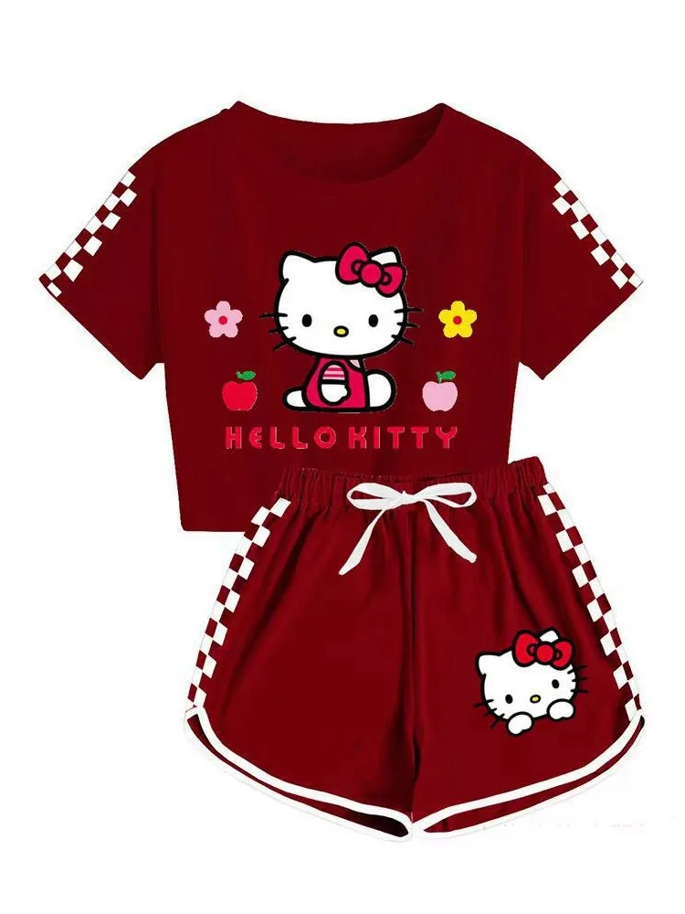 Sanurgente-Ensemble chemise et short de dessin animé pour filles, pyjama doux, manches courtes, vêtements de sport d'été, Cinnamoroll, Hello Kitty, cadeau pour fille