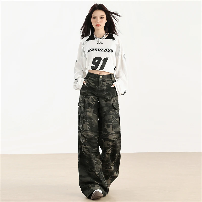 American Retro High Street Camouflage Cargo Pants 2024 Autumn New Loose Wide Leg Pants Women Fashion Versatile Baggy Trousers