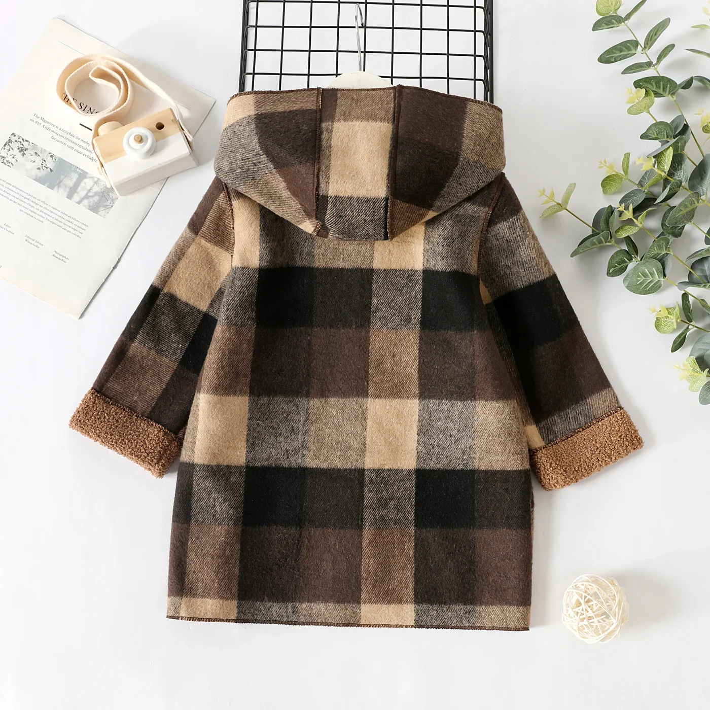 PatPat Toddler Boy Classic Plaid Fleece Lined Button Design Hooded Overcoat Perfect for Outings and Daily Wear Basic Style