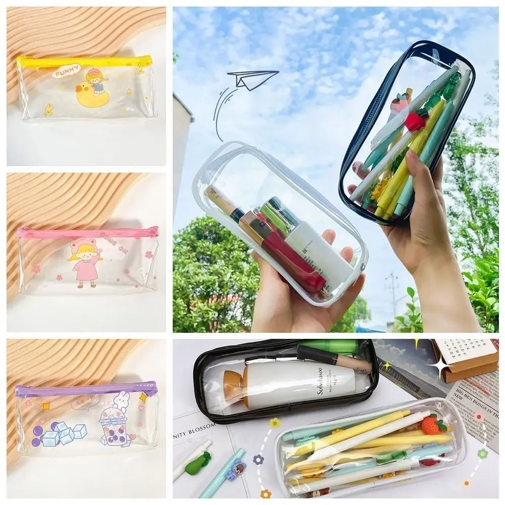 Estojo transparente de pvc portátil, bolsa transparente à prova d'água para cosméticos, material escolar, papelaria, armazenamento de lápis