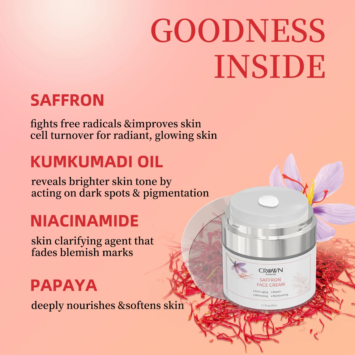 SAFFRON FACE CREAM for Dark Spots, Eye Bags and Under Eye Circles, Moisturizing and Brightening Facial Cream with Saffron