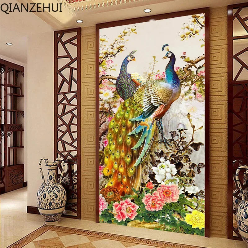 

DIY full Diamond Embroidery,Round Diamond Rich Peony Peacock landscape Living room decoration rhinestone beads Diamond painting