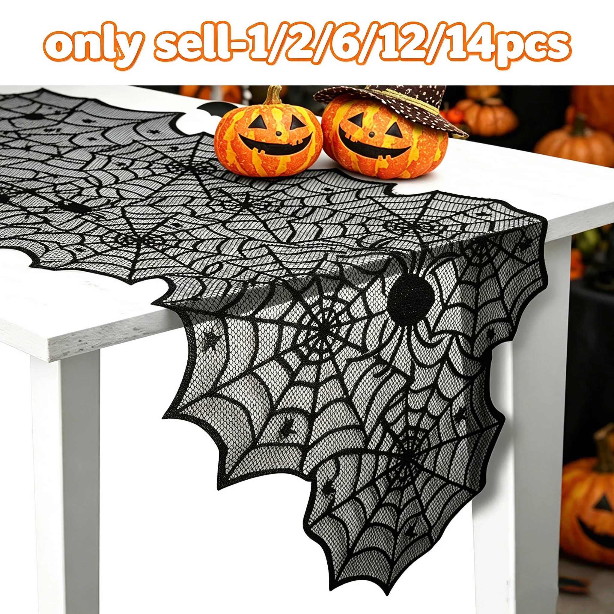 Halloween Silk Spider Table Flag Set 1/2/6/12/14 Pieces Terror Scene Decoration Photography Props Black Lace Spider Web Design