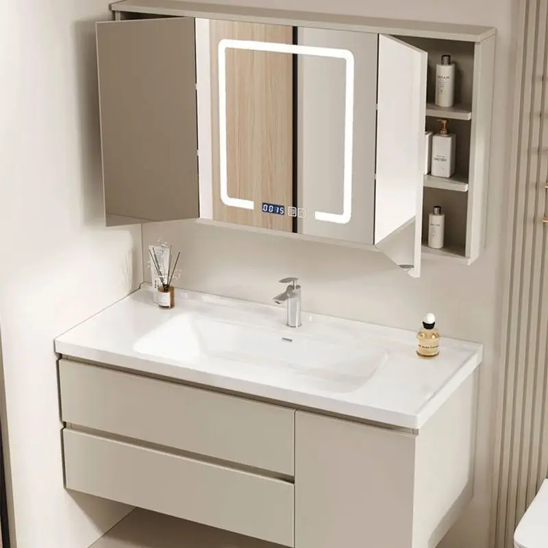 Folding push-pull hidden feng shui mirror bathroom cabinet ceramic integrated bathroom intelligent washbasin cabinet combination