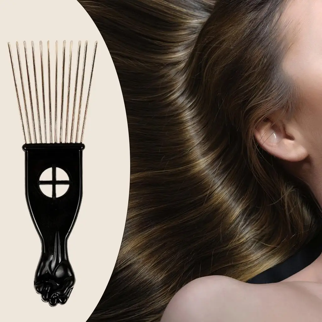 Wide Tooth Hair Pick Comb for Curly Hair Detangling Plastic Handle Metal Teeth Styling Tool for Salon